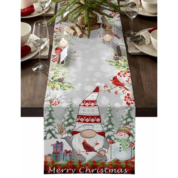 Christmas Table Runner Red Barn Gnome Cardinal Bird Table Runners Snowy Pine Tree Snowman Cotton Linen Dresser Scarf Kitchen Dining Table Decor for Christmas Holiday Party Decor 13x36 Inch