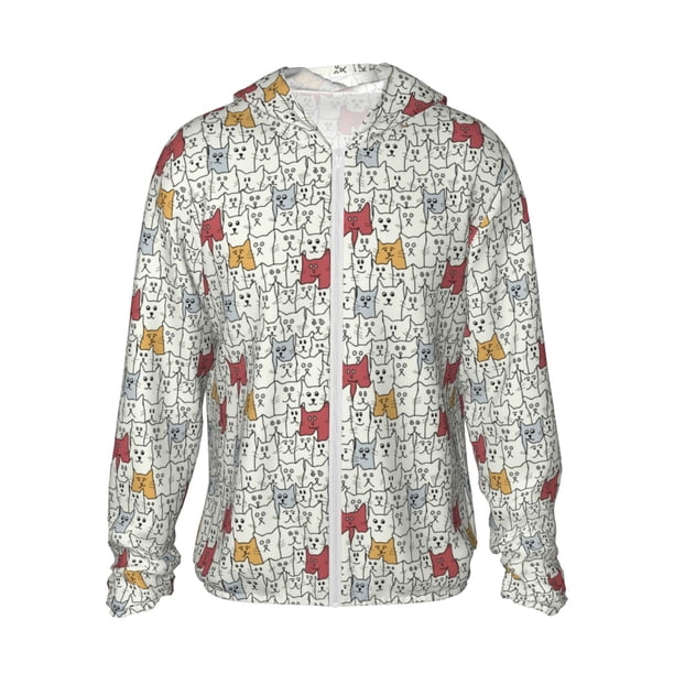 Balery Funny Cat White Sudadera ligera de manga larga con capucha y protección solar UPF 50+ para hombre y mujer, ideal para pesca y running-Large