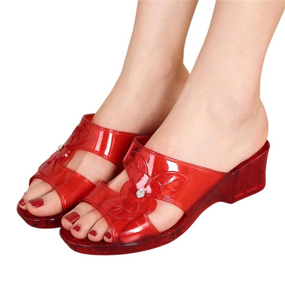 Aellinatey Rhinestones Decorated Clear Plastic Wedge Heel Sandals For Women Pool Party