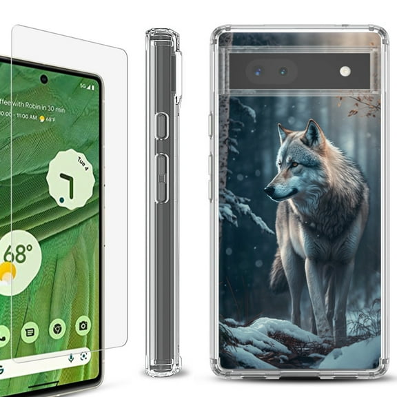 Shockproof Bumper Phone Case for Google Pixel 6a, with Tempered Glass Screen Protector, by OneToughShield ® - Wolf Winter