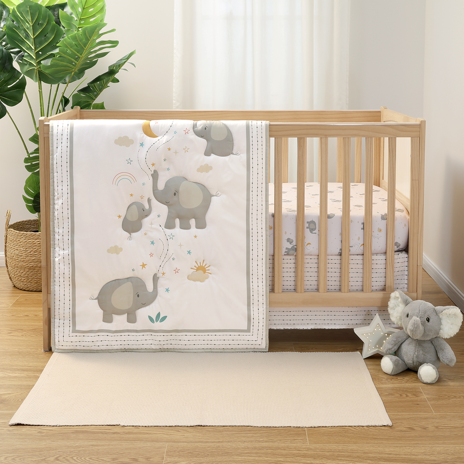 The Peanutshell Elephant Whimsy 3-Piece Baby Crib Bedding Set with Quilt Blanket, Crib Sheet, and Skirt
