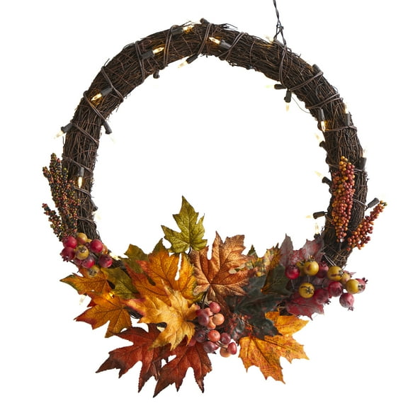 Nearly Natural 21" Maple Leaf and Berries Artificial Wreath with 50 Warm White LED Lights, Orange