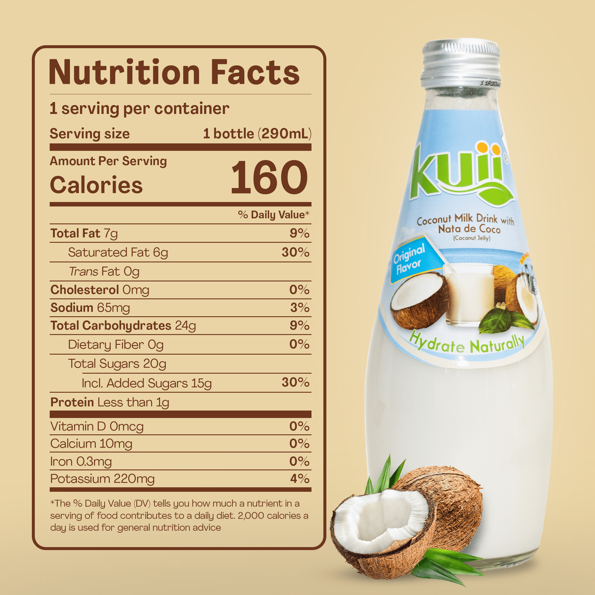 Kuii Drinks Coconut Milk with Nata de Coco, Original, 290 mL Single Glass Bottle