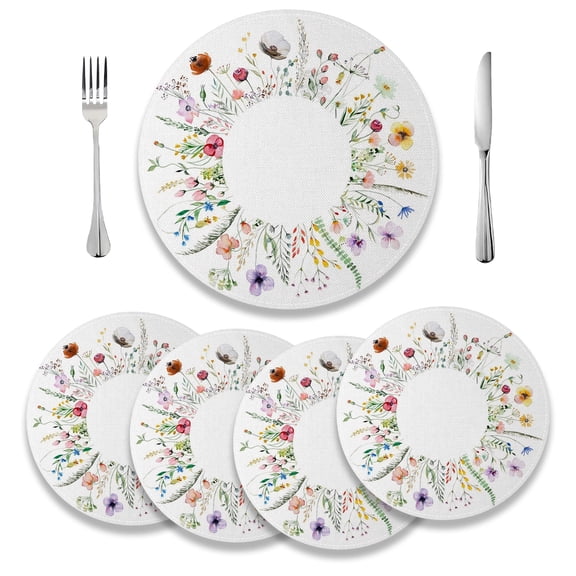 MIZHONA Spring Floral Round Placemats Set of 4,Flower Plant 15 inch Table Mat for Kitchen Dining Table Decoration