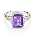 thumbnail image 2 of Gem Stone King 925 Silver and 10K Yellow Gold Purple Amethyst and Moissanite and Diamond Engagement Ring for Women (3.84 Cttw, Emerald Cut 10X8MM, Trillion 3.5MM, Size 6), 2 of 3