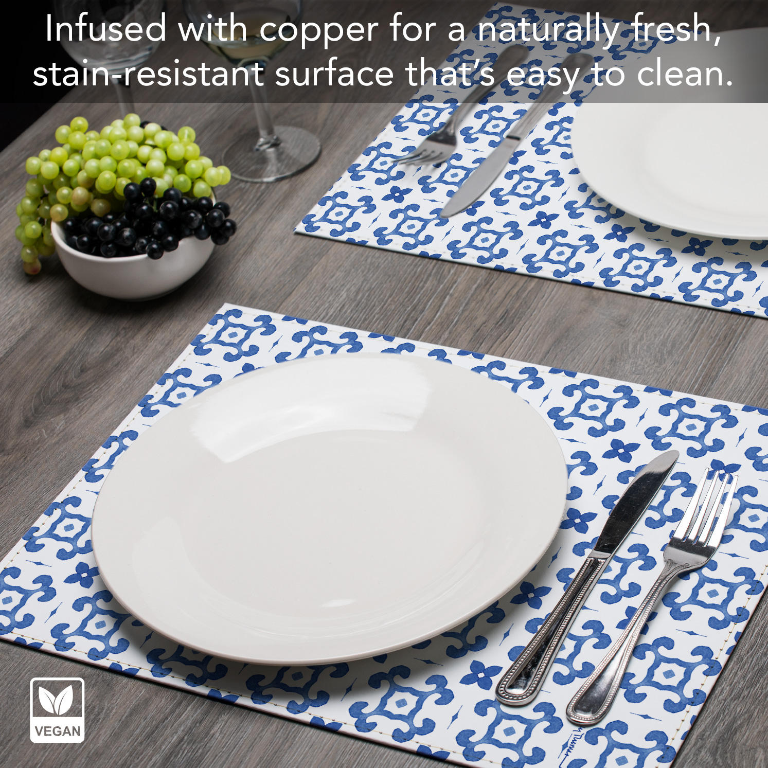 Luxurious Le Jardin Vegan Leather Placemats 4 Pack Look and Feel of Genuine Leather Infused with Copper
