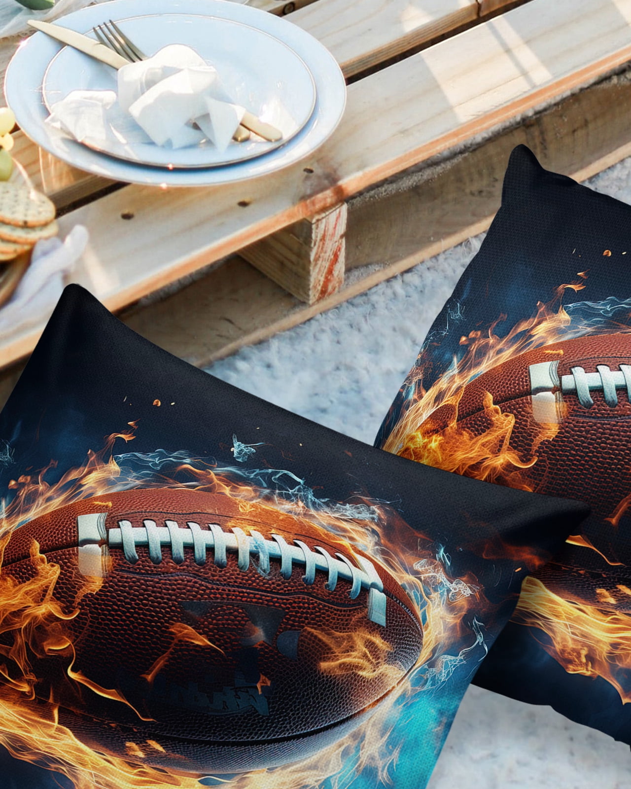 Pack of 2 Outdoor Pillow Covers, Sport Football with Fire Waterproof Square Throw Pillowcase Cushion Decorative Pillow Covers for Couch Patio Tent, 16x16 in