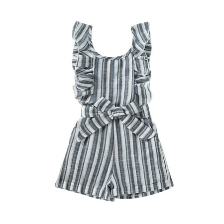 

Suanret Kids Baby Girls Romper Stripe Print Round Neck Sleeveless Jumpsuit Summer Casual Cotton Short Overalls Grey Blue 6-7 Years