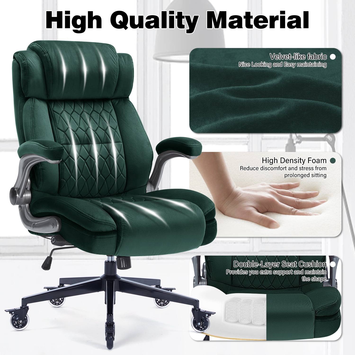 High Back Office Chair with Lockable Wheels, 400lbs Large Fabric Executive Desk Chair, Adjustable Lumbar Support Flip up Arms, Ergonomic Home Office Computer Chair with Storage Pocket, Green