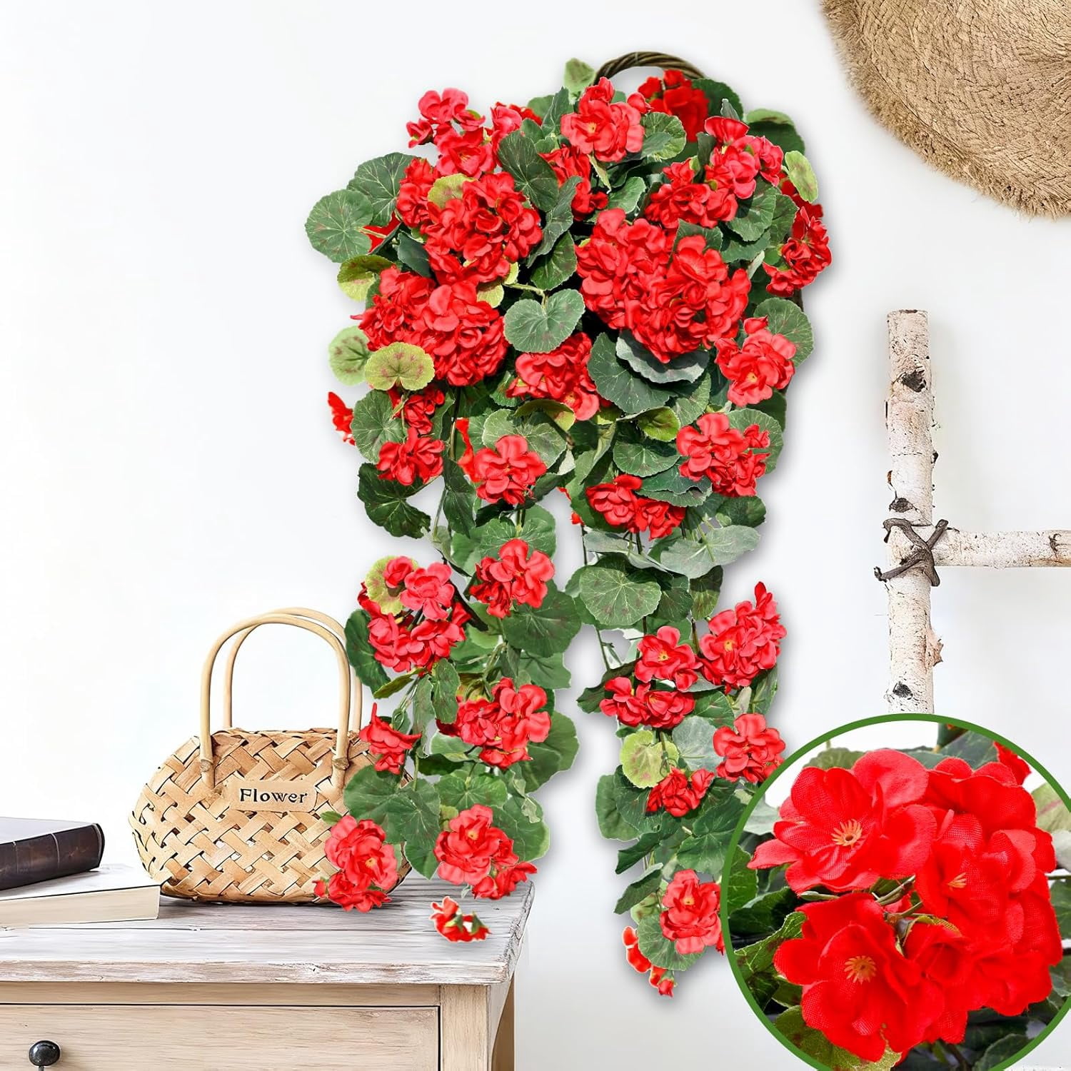 Waipfaru Artificial Hanging Flowers for Outdoors, 4Pcs UV Resistant Faux Silk Geranium Fake Flowers for Garden Porch Window Home Decor(Red)