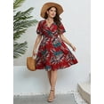 thumbnail image 7 of FlorCurve Plus Size Dresses for Women Short Sleeve Surplice V Neck Midi Dress A-Line Floral Print Summer Casual Beach Sundress, Red XL, 7 of 7