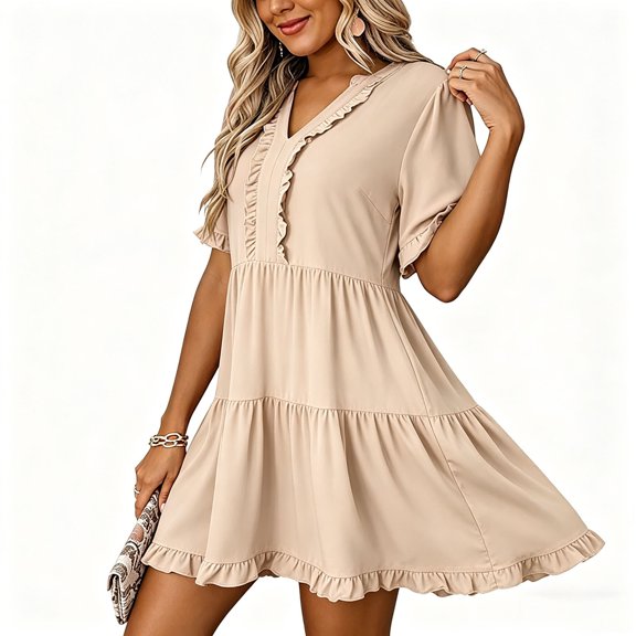 ClodeEU Women's V Neck Short Sleeve Tiered Swing Dress, Casual Loose Fit Summer Dress Beige,Women's Plus L