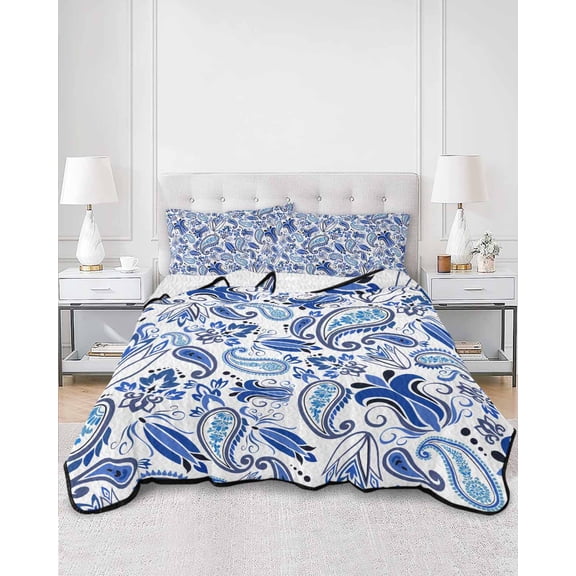 Quilts Twin XL Size, Boho Blue Floral Soft Comforter Bedding Set for Bed, Farmhouse Botanical Vintage Paisley Flower Lightweight Quilted Bedspread with Pillow Cover(2 Pieces), 68x98 Inch