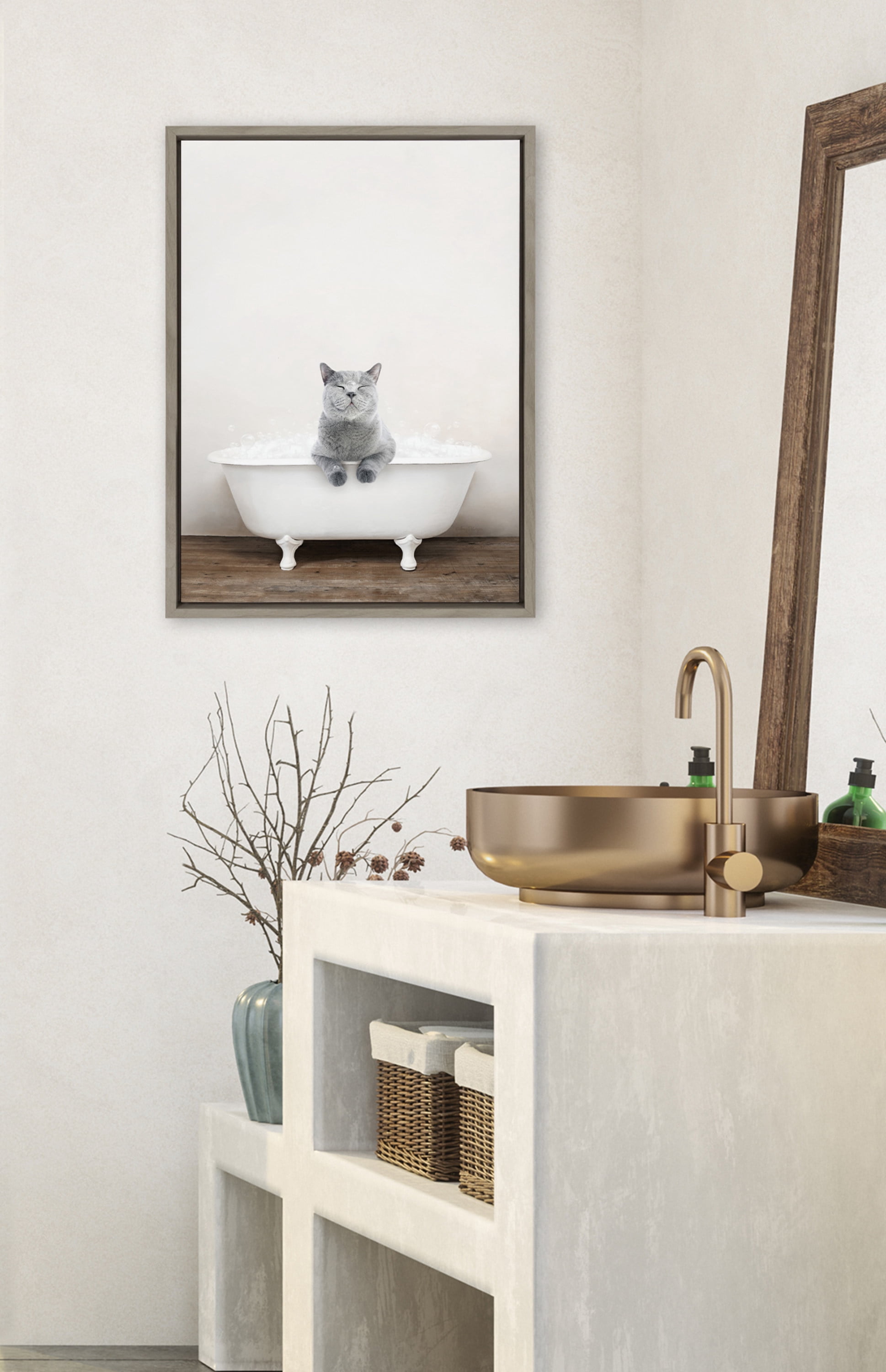 Kate and Laurel Sylvie Cat in Rustic Bath Framed Canvas Wall Art by Amy Peterson Art Studio, 18x24 Gray, Modern Fun Decorative Bathtub Wall Art for Home Décor