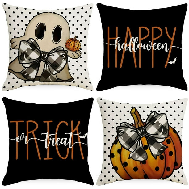 Funda de almohada Happy Halloween, funda de sofá, funda de almohada decorativa para exteriores para decoración de sofá de Halloween, 18 x 18 pulgadas, juego de 4