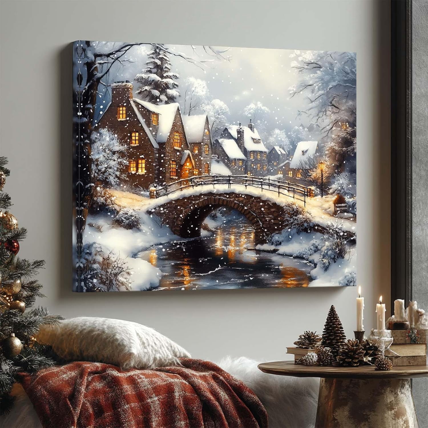 ChristmasCanvas Wall Art Decor with Nighttime Houses, Lights and Snowflakes, Festive Canvas Print for Room, Christmas-Themed Wall Décor for Celebration, Christmas Night Scene Wall Art, 20X24inch