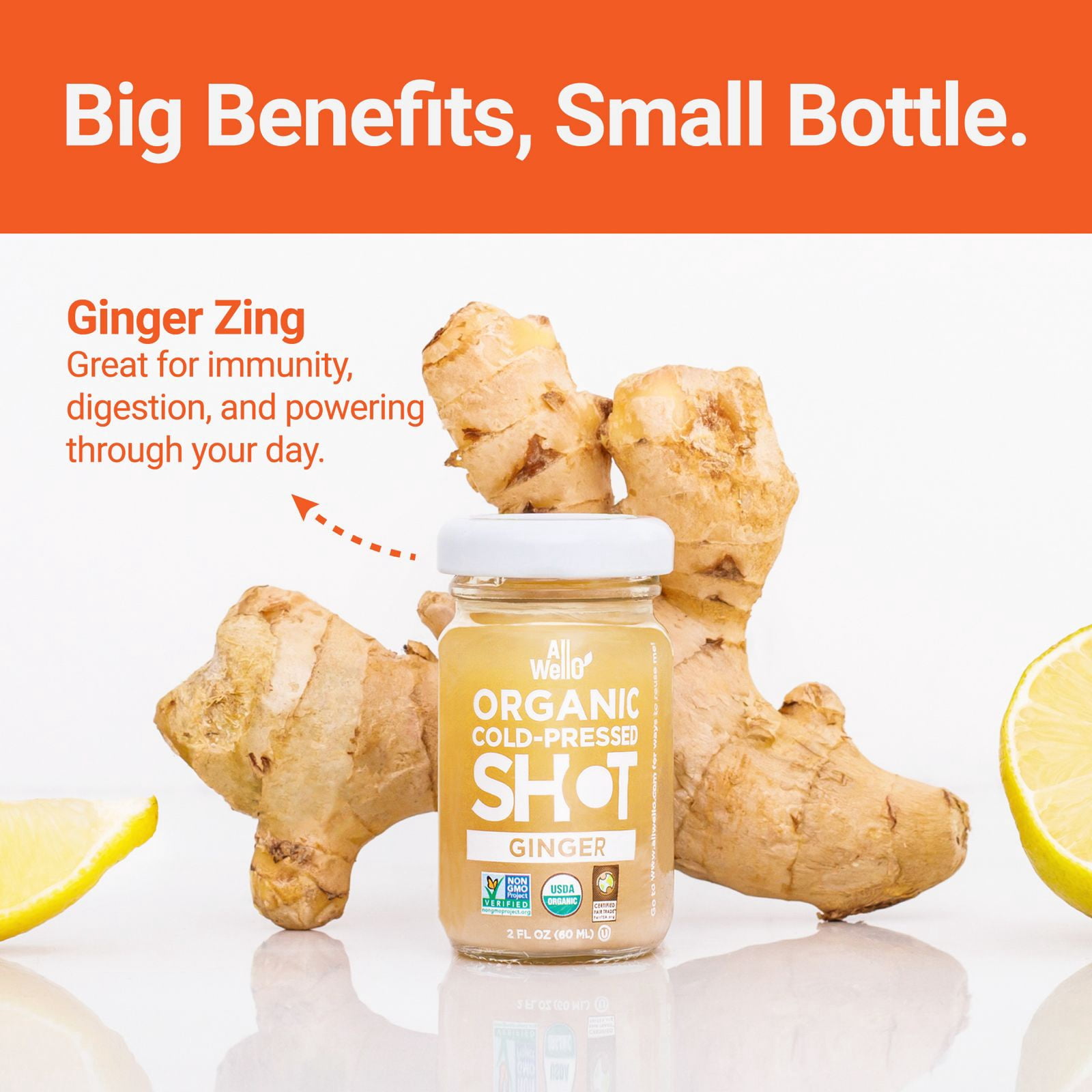 (6 pack) AllWellO Organic, Cold Pressed Ginger Shots, 2 fl oz Glass Bottles, 3 Pack