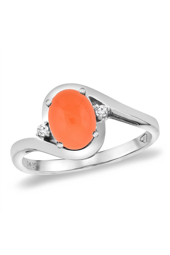 14K White Gold Diamond Natural Orange Moonstone Bypass Engagement Ring Oval 8x6 mm, size 6.5