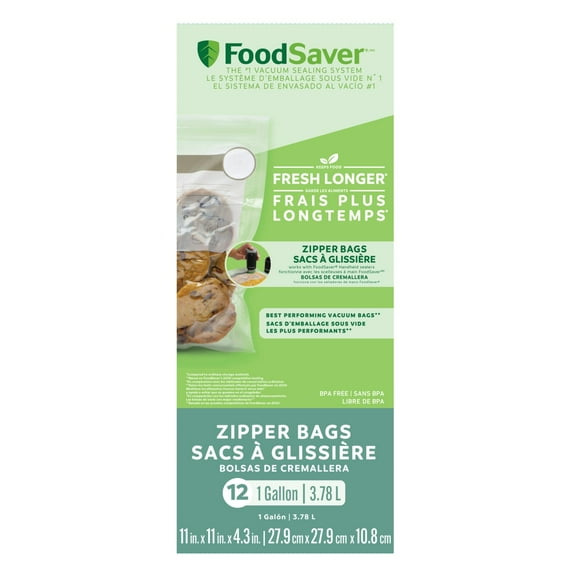 FoodSaver Gallon Reusable Zipper Vacuum Sealer Bags for Handheld Vacuum Sealers (11" x 14"), 12-Count BPA-Free Vacuum Seal Bags for Food Storage and Meal Prep, Works With FoodSaver Vacuum Sealer Machines