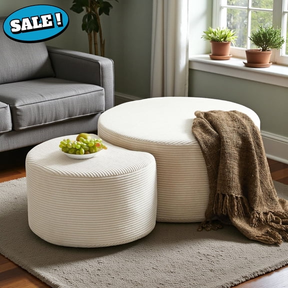 GZXS Modern Round Nesting Tables Set of 2 - Beige Corduroy Foam Upholstered Ottomans with Contour Design, No Assembly Needed, for Living Room and Bedroom