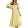 thumbnail image 2 of ZAXARRA Femmes Été Décontracté une Ligne Robe Courte Puff Manches sur Épaule Midi Plaid Robe, 2 of 6