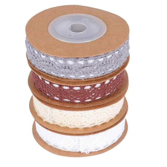 4 Roll of 2 Yard Adhesive Ribbon Weaving Cotton Hollow Brim Gift Packaging Ribbon DIY Self-sticking Accessories for Party Home Office (Mixed Color)