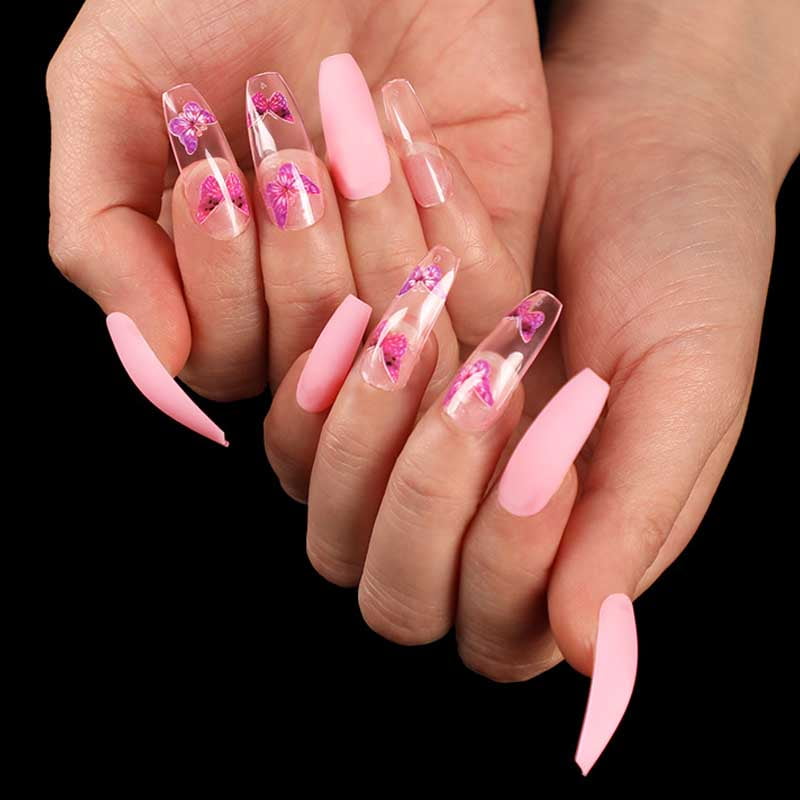 Fake Nails Coffin Ballerina Pink Butterfly Acrylic False Nail For Women And Girls Walmart Com