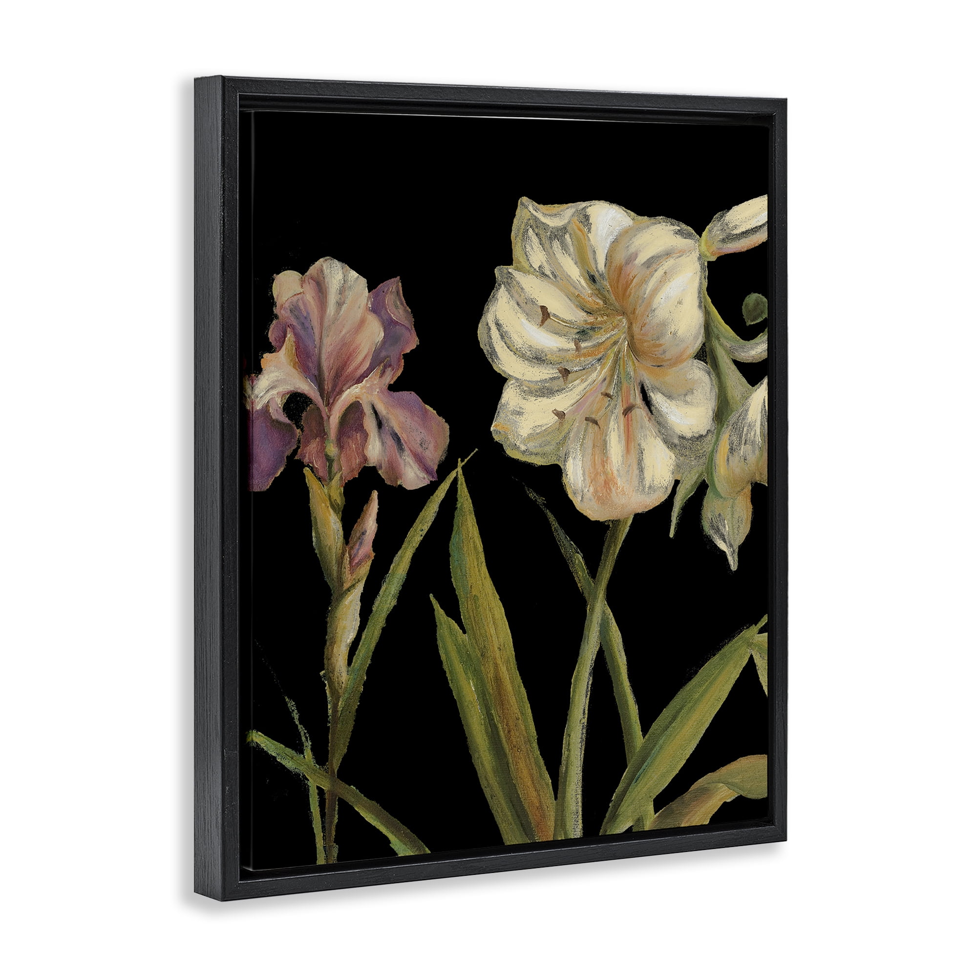 Stupell Industries Iris Flowers on Black Botanical & Floral Painting Black Floater Framed Canvas Art Print Wall Art, 25 x 31