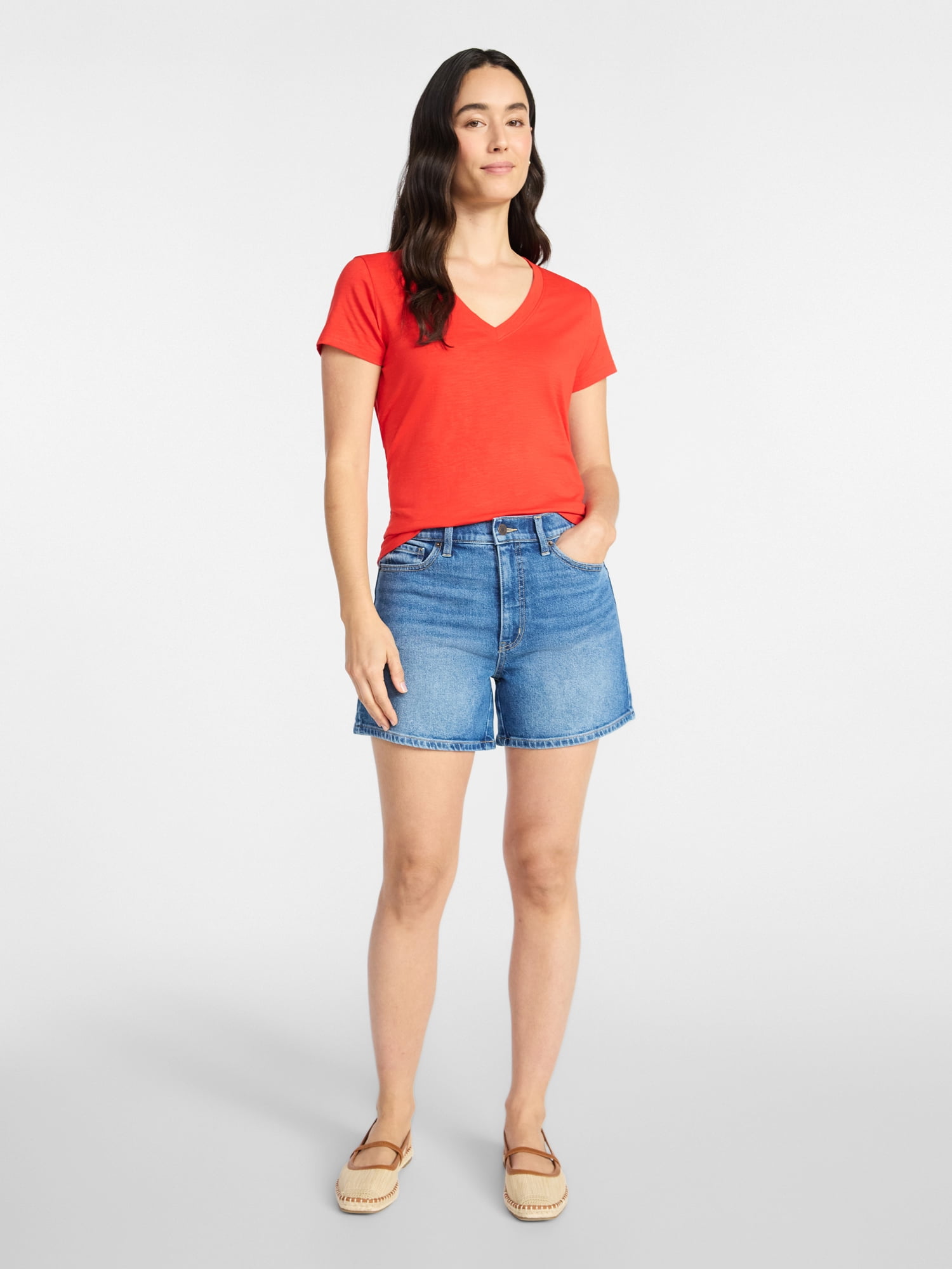 Time and Tru Women's High Rise Denim Shorts, 5" Inseam, Sizes 0-20