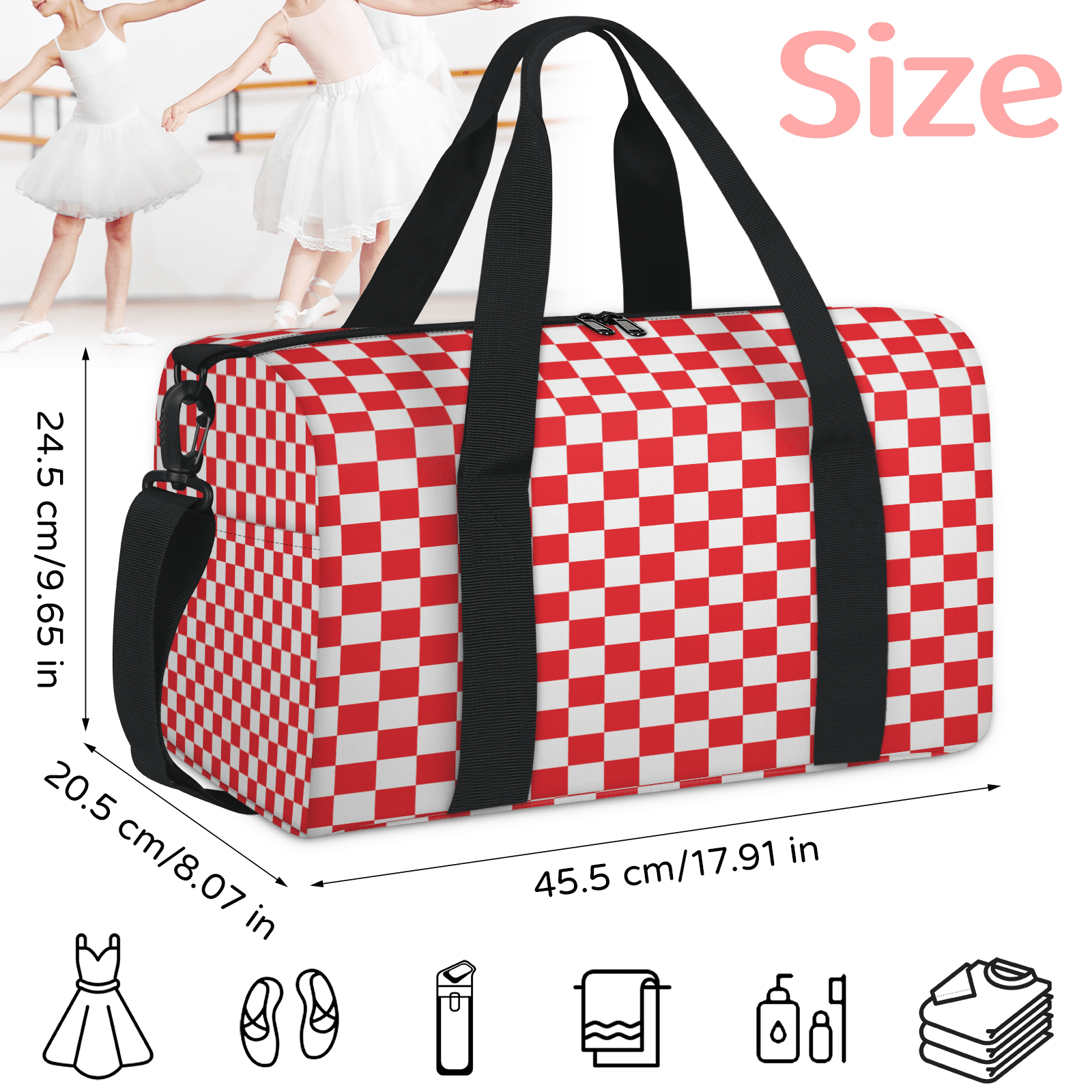 Herdesigns Checkerboard red and white Travel Duffle Bag Sports Yoga Weekender Overnight Carry on Workout Bags Lightweight Waterproof Gym Tote Bag for Women