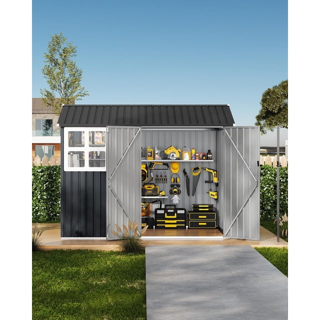 6x8 Ft Outdoor Metal Storage Shed Galvanized Steel Garden Building with Lockable Doors and Windows Weatherproof for Backyard Lawn and Poolside - Brown