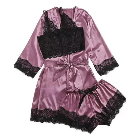

SUANMAY Underwear Pajamas Ladies Sexy Pajamas Underwear Lace Pajama Set Acrylic Material Purple XL