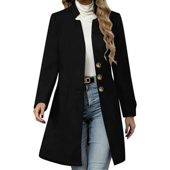 Pisexur Trench Coat Women Mid-Long Stand Collar Pea Coats for Women Vintage Single Breasted Casual Outerwear Winter Coats for Women S-2XL Black