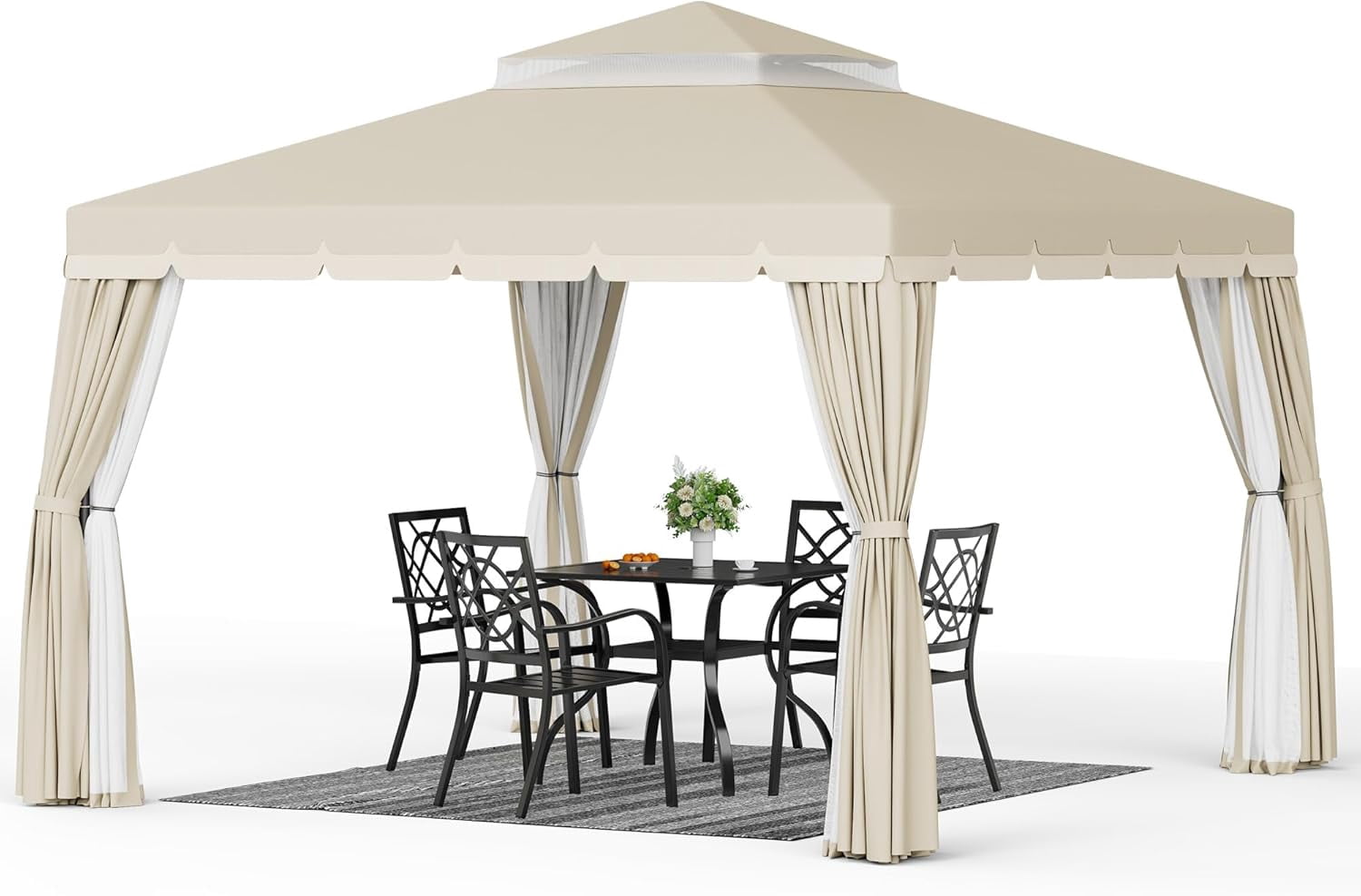 SOLAURA 10 x 10 ft Outdoor Patio Gazebo, Patio Canopy Shelter with Vented Soft Top, Breathable Mosquito Netting & Privacy Curtains, Beige