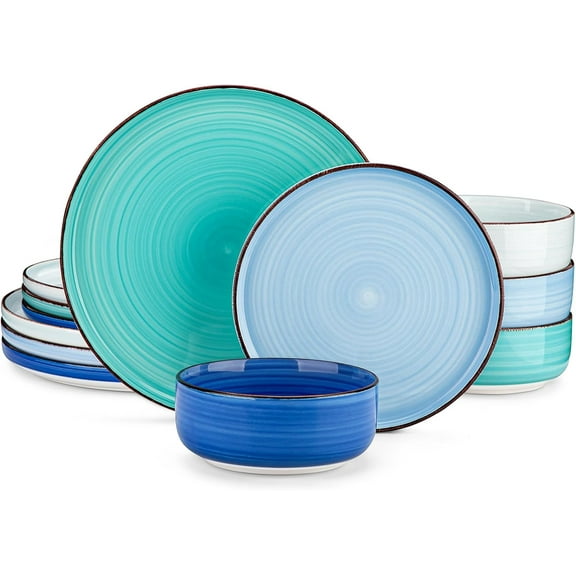 Bonita Blue Dinnerware Sets, Plates and Bowls Set for 4, 12 Pieces Stoneware Dinnerware Set, Dishwasher and Microwave Safe