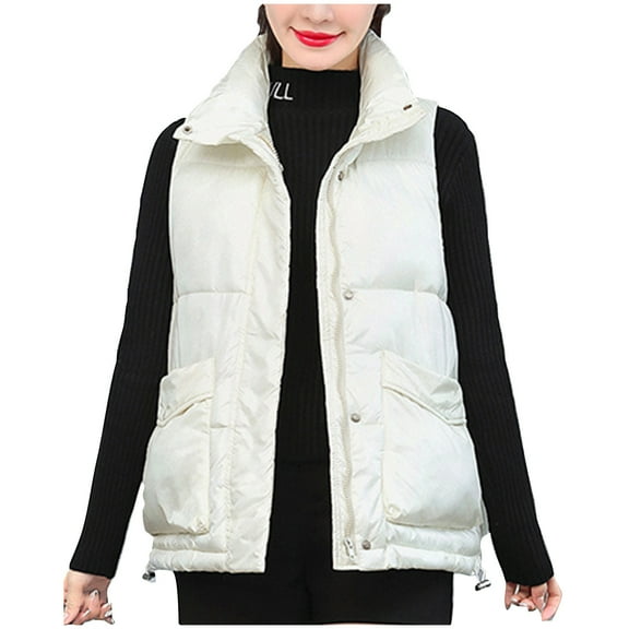 WCMZJ Women Puffer Vest Sleeveless Winter Zip Up Outerwear Warm Stand Collar Jacket Padded Gilet with Pockets White 3XL