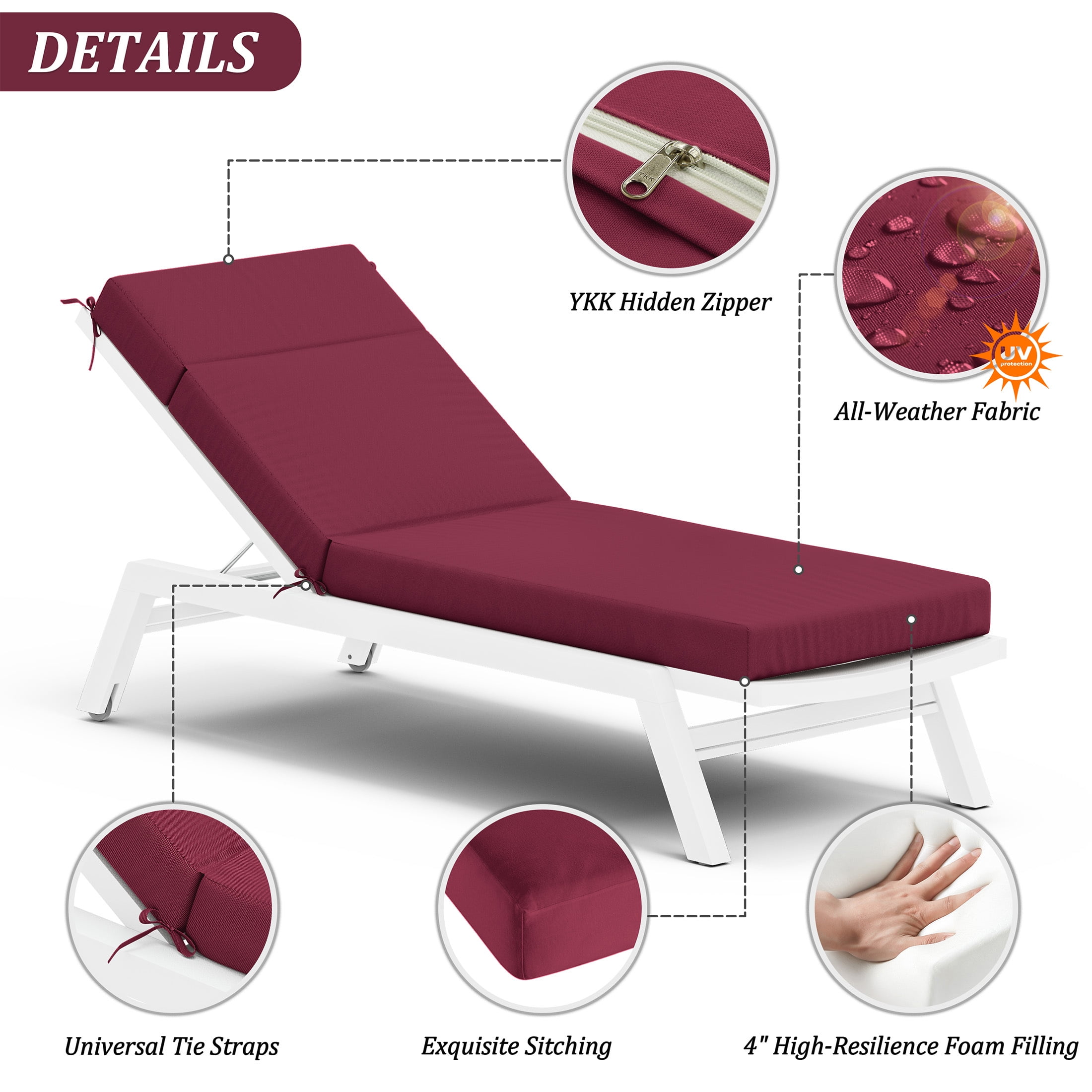 Pakunoda Chaise Lounge Cushions 80" x 26" x 4" Outdoor High-Density Foam Patio Furniture Lounger Replacement Cushions with Zipper Ties Water-Resistant for Pool, Burgundy