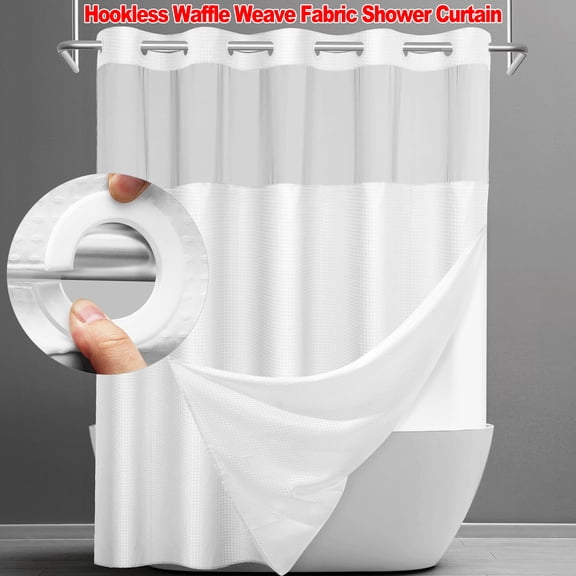 Hookless Waffle Weave Fabric Shower Curtain with Snap-in Liner, DawnJoanHD White Polyester Shower Curtains with See-Through Top Window, 72" x 75"