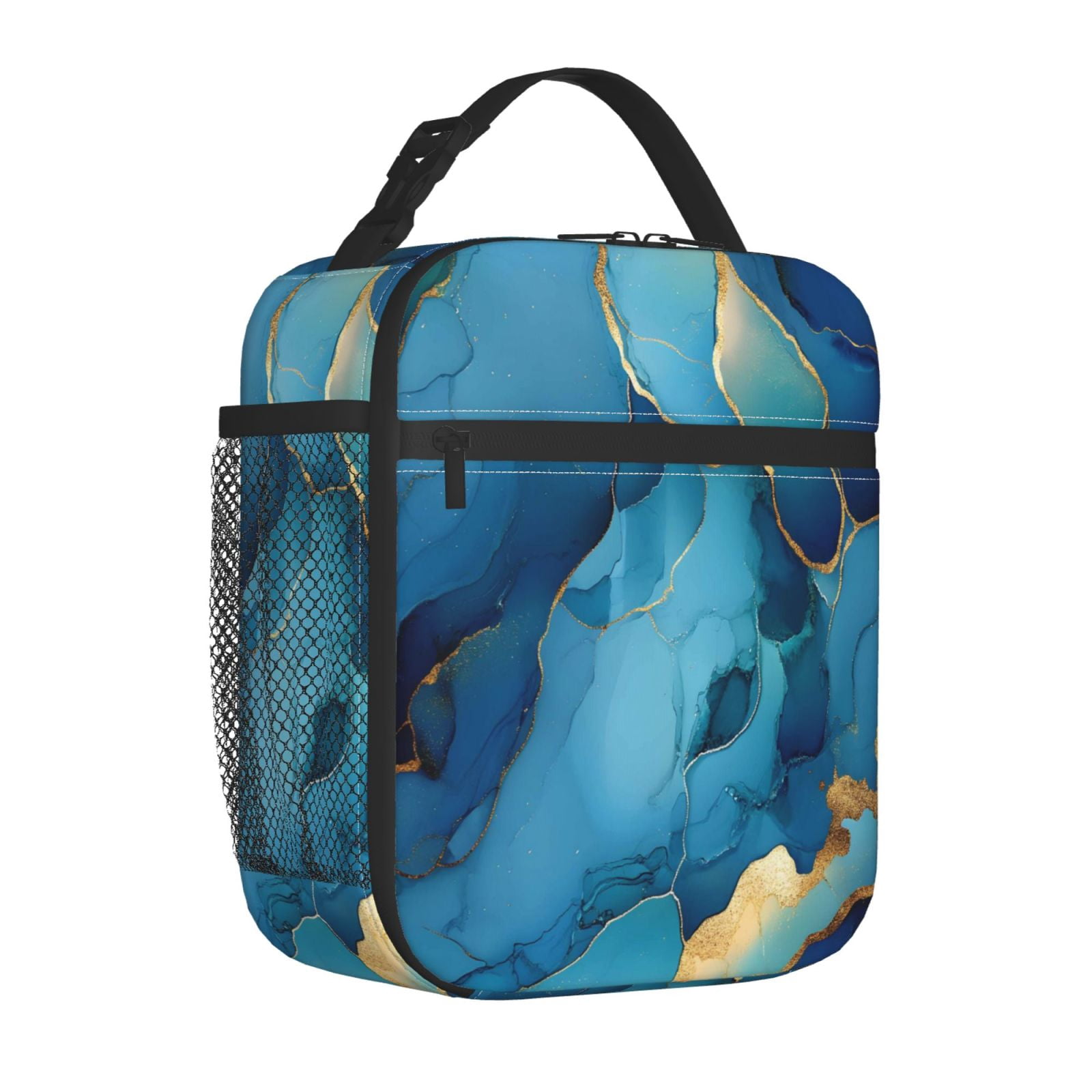 Lunch Bag For Women Men Insulated Portable Lunch Box Bento Box Office Picnic Travel Cooler Bag Blue And Gold Marble
