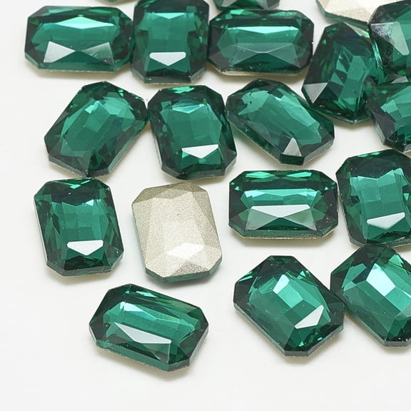 50 pc Pointed Back Glass Rhinestone Cabochons Faceted Rectangle Octagon Med.Emerald 14x10x4mm
