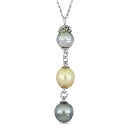 Gray Tahitian Pearl Pendant - Tangelo 9-11MM Grey and Black Tahitian and Golden South Sea Cultured Pearl Sterling Silver Drop Pendant, 18