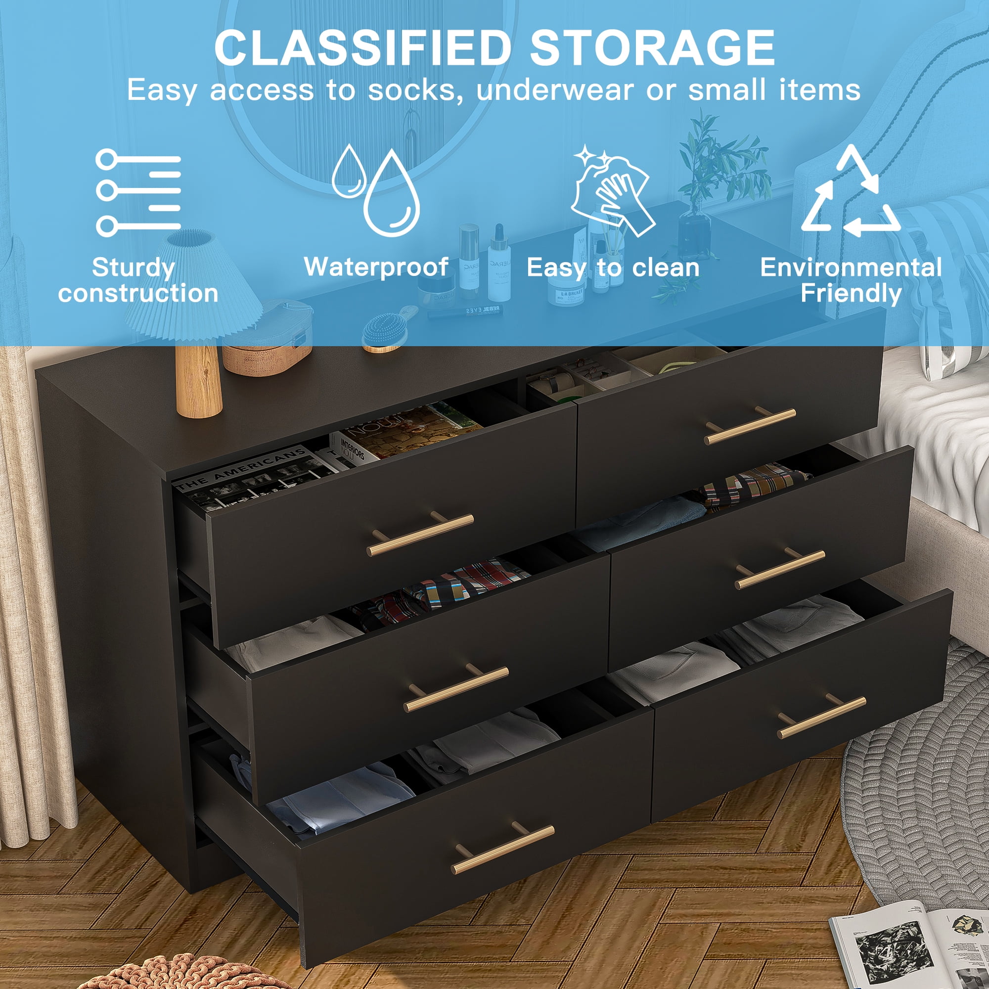 YYAo Wooden 6 Drawer Dresser, Large Modern Chest of 6 Drawers Night Table, TV Stand for 55" TV for Bedroom, Closet, Living Room, Black YYAo Wooden 6 Drawer Dresser, Large Modern Chest of 6 Drawers Night Table, TV Stand for 55" TV for Bedroom, Closet, Living Room, Black