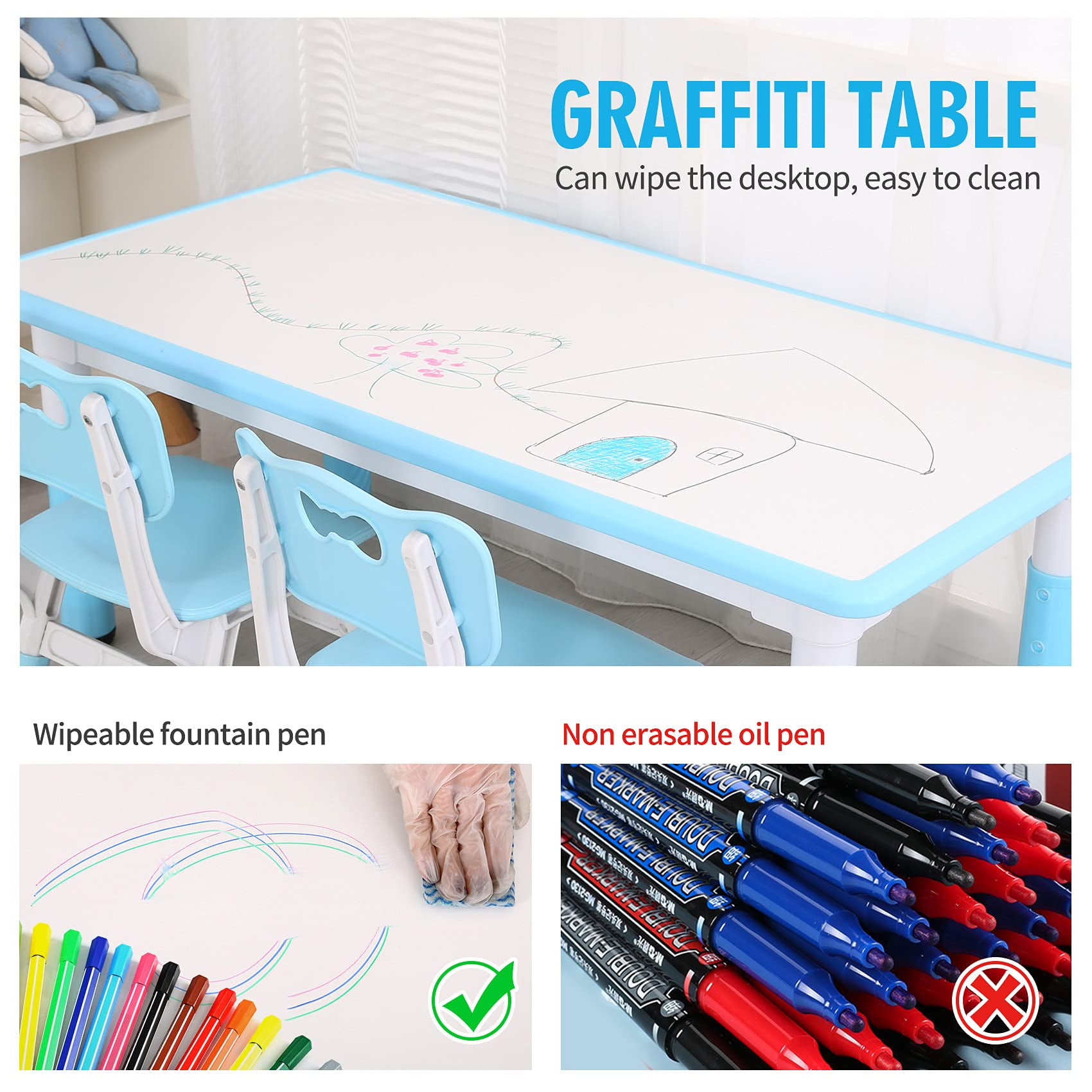 UNICOO® Kids Study Table and Chairs Set, Height Adjustable Plastic Children Art Desk with 4 Seats, Kids Multi Activity Table Set (White Top + Blue Border)
