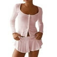 thumbnail image 3 of Women Cute Pajamas Set Long Sleeve Button Down Top Ruffle Shorts 2 Piece Lounge Sets Y2k Sleepwear Pink L, 3 of 8