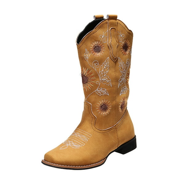 Ferndule Botas de vaquero para mujer Botas occidentales de media pantorrilla Botas de tacón grueso Botas de vaquera de girasol vintage