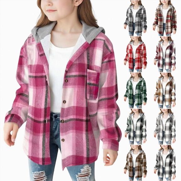 6-7 Years Child Girl Fall Jacket Flannel Shirts Button Hooded Shirt Kids Casual Holiday Jackets 4-15 Years Sports Jacket Black Hoodie