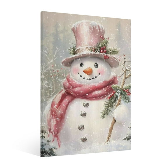 Vintage Christmas Cute Snowman Wall Art Paint Framed - Retro Xmas Festive Winter Holiday Christmas Wall Decor Canvas Print for Living Room Kitchen Bathroom Home Bedroom Decor