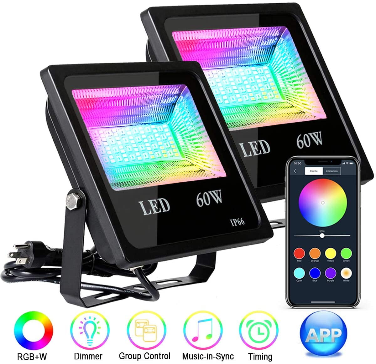 2Pack 60W RGBW LED Flood Light Color Changing Exterior