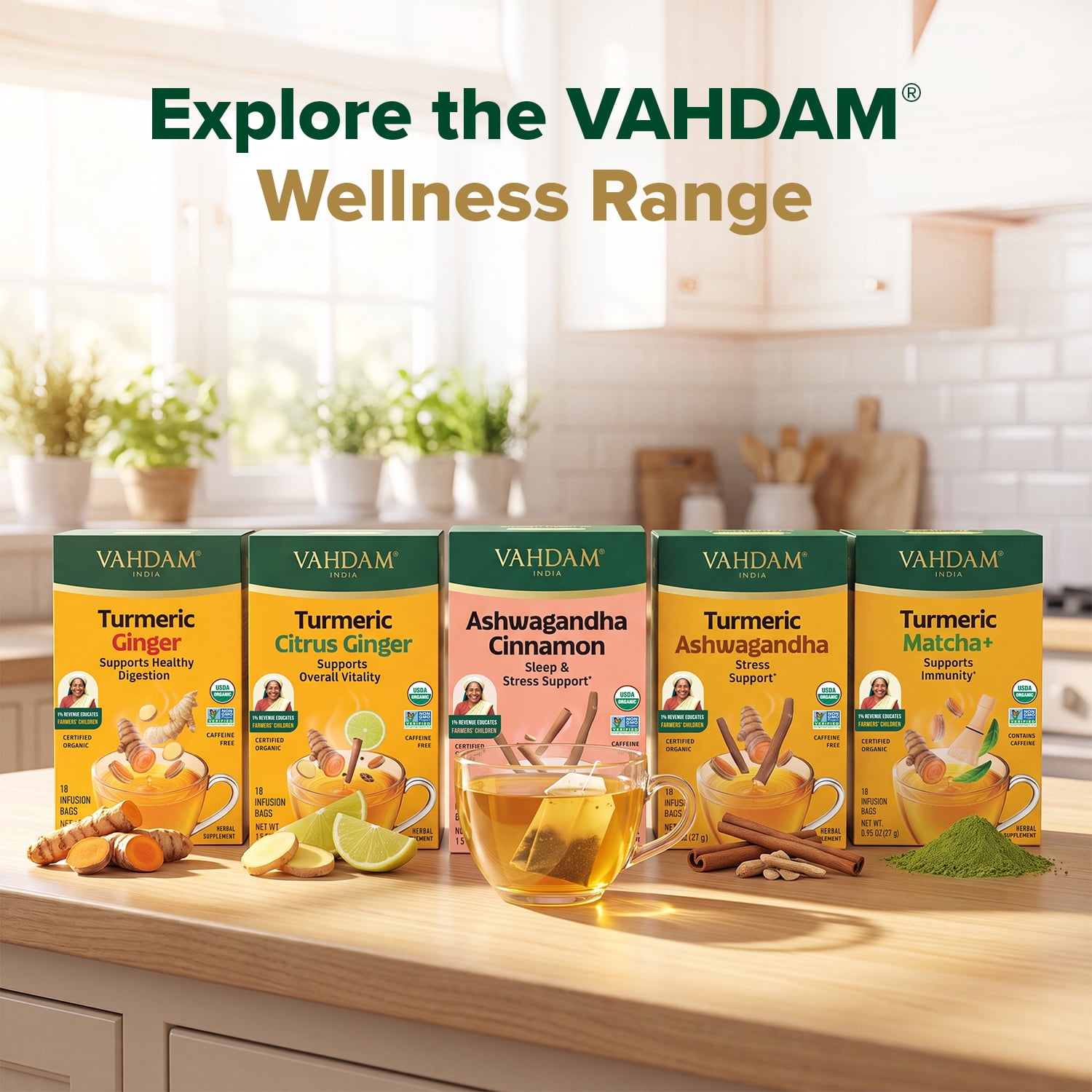 VAHDAM Organic Turmeric Citrus Ginger Herbal Tea, 18 Tea Bags