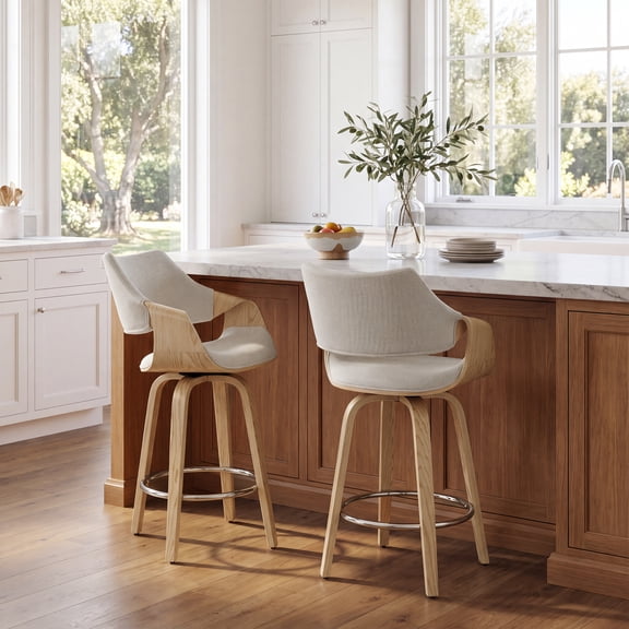 Guyou 26" Swivel Counter Stools Set of 2, Modern Barrel Chenille Kitchen Island Stools, Farmhouse Solid Wood Counter Height Barstools, Bar Height Island Chairs with Back and Wood Frame, Beige